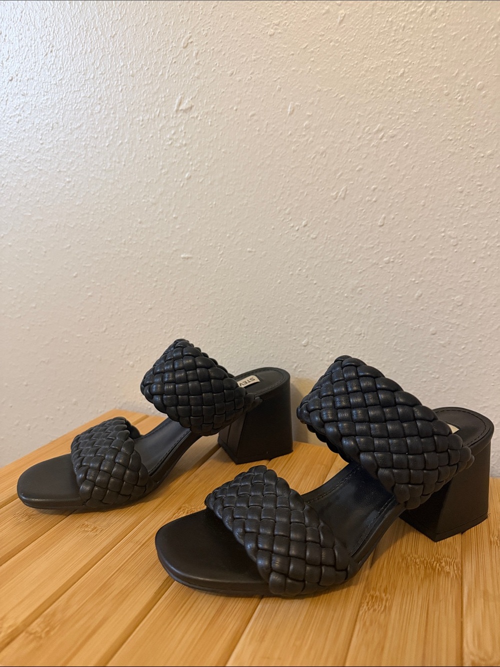 Steve Madden Black Woven Double-Strap Block Heel Sandals
